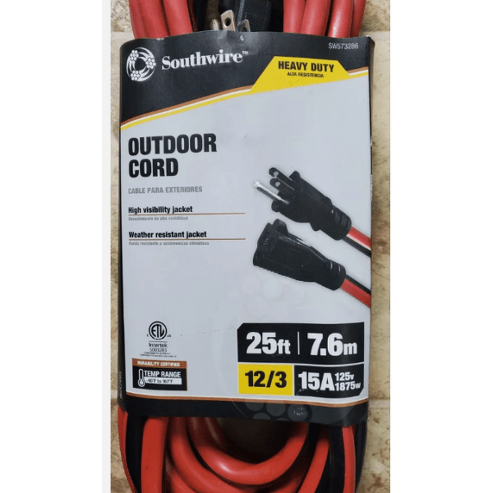 Southwire Heavy Duty Outdoor Extension Cord 12/3 25ft Weather Resistant High Visibility