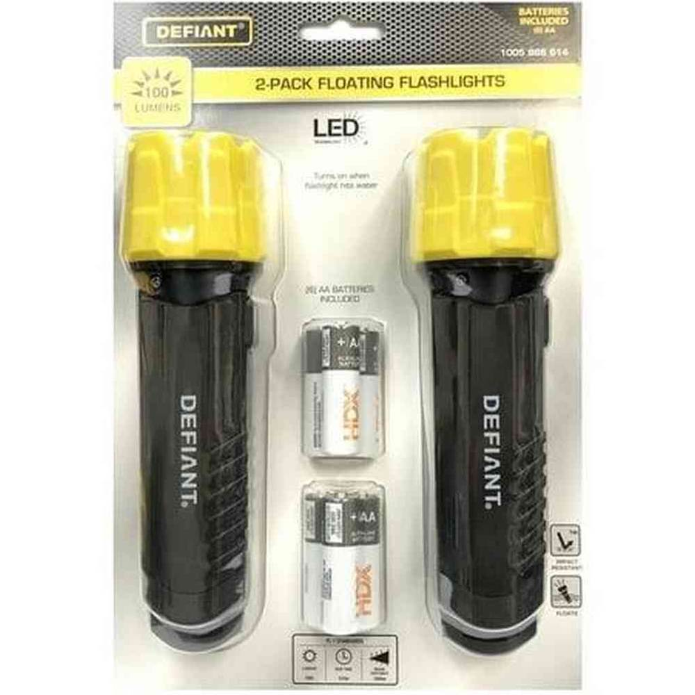 Defiant LED Floating Flashlights with Batteries Combo Pack - 100 Lumens (2 Pack) Floats in Water Auto-on Light When in Water