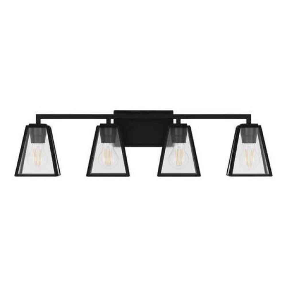 Mackenzie Place 30 in. 4-Light Matte Black Modern Bathroom Vanity Light with Clear Glass Shades