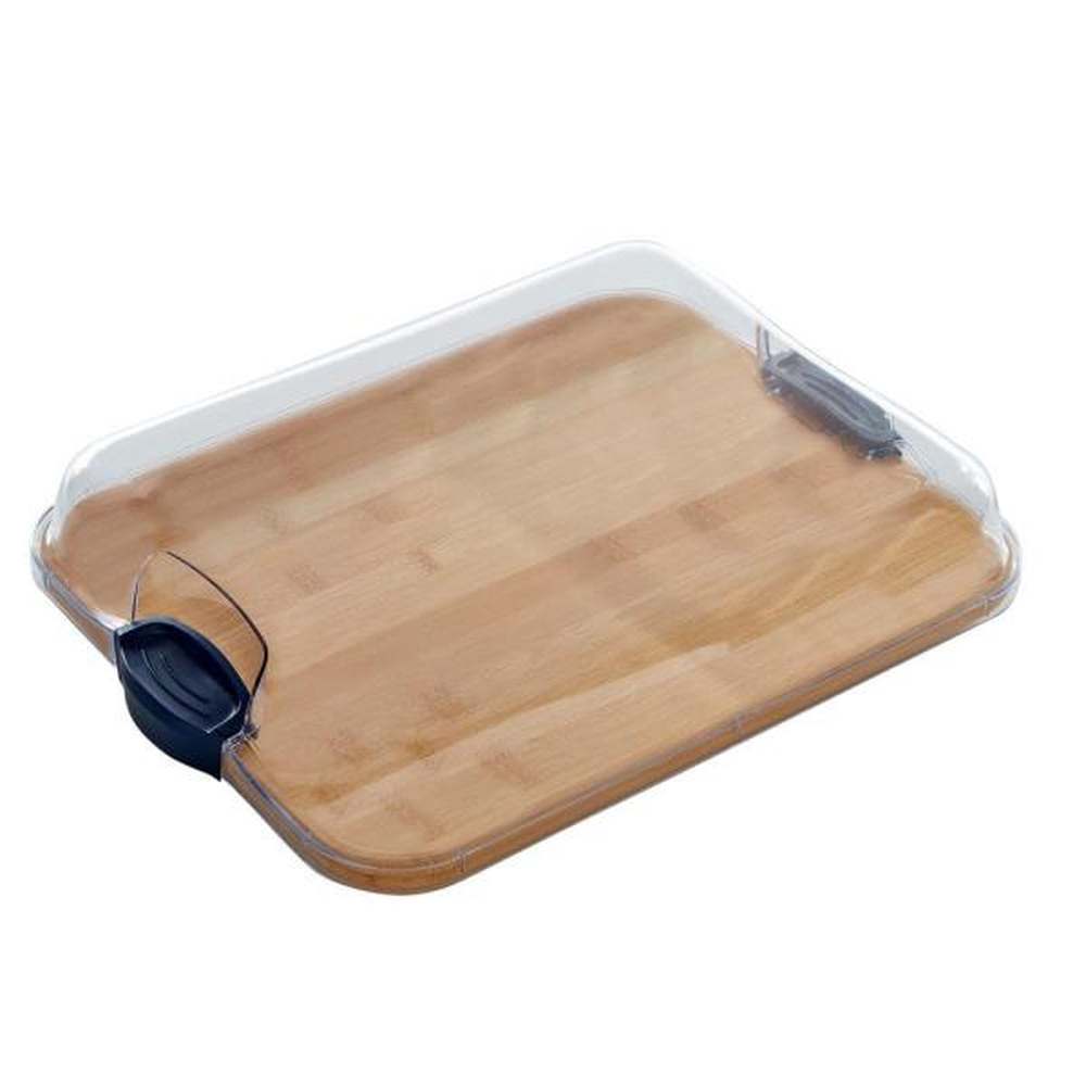 11 in L X14 in W X 2.9 in H Build-a-Board Bamboo Cutting Board W/ Clear Locking Lid W/Black Handles, Single Compartment