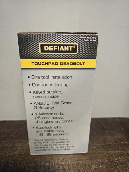 Defiant Touchpad Deadbolt Satin Nickel 1010 992 452 Quick Re-key 25 Users W/keys