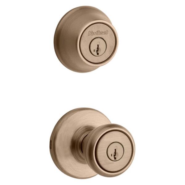 Tylo Antique Brass Entry Door Knob and Single Cylinder Deadbolt Combo Pack Featuring SmartKey Security