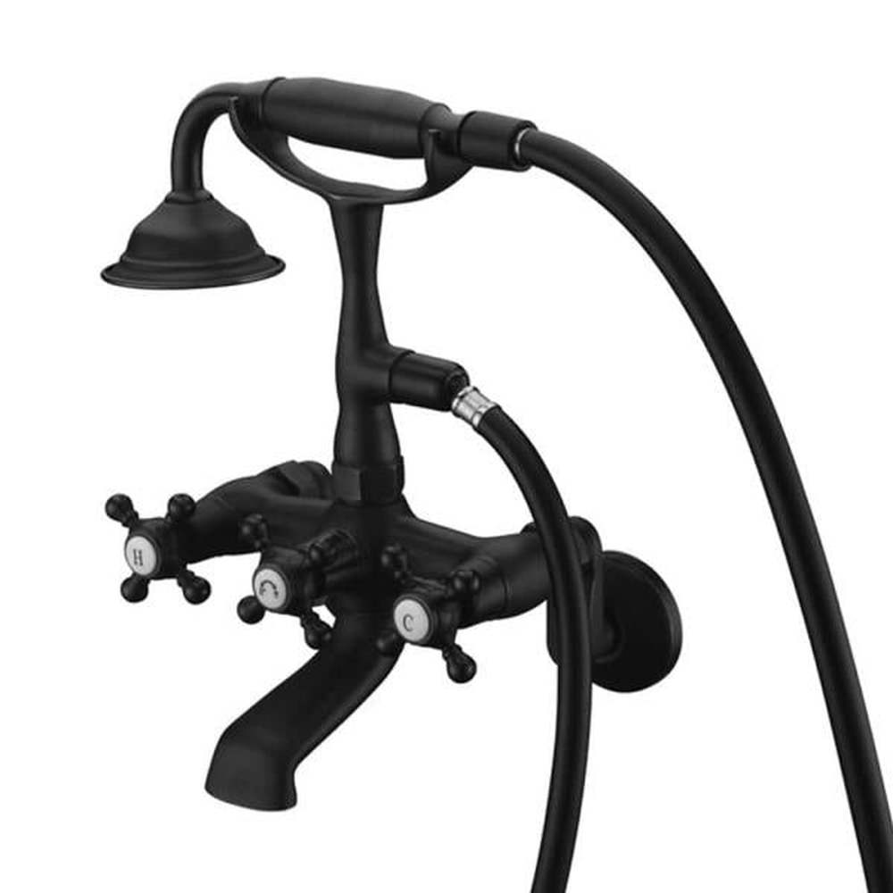 Modern Triple Handle Claw Foot Tub Faucet with Hand Shower in Matte Black