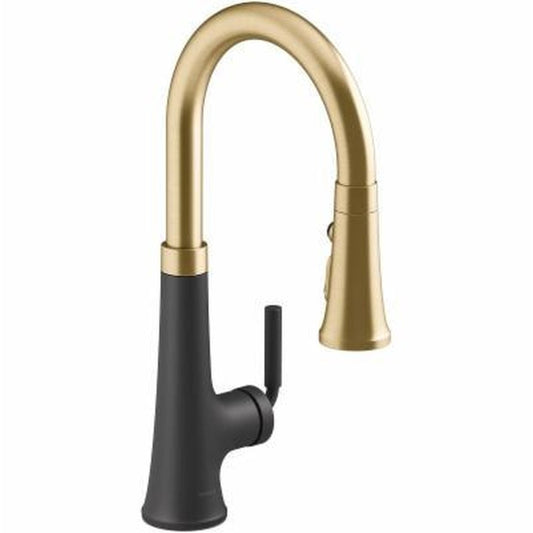 Tone Single Handle Pull Down Sprayer Kitchen Faucet in Matte Black with Moderne Brass