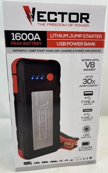 1600 Peak Amp Automotive Lithium Jump Starter, Portable Power - 15W USB-a & USB-C