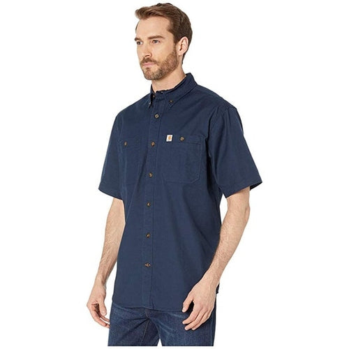 Carhartt Petite Men's Medium Navy Cotton/Spandex Rugged Flex Rigby Short Sleeve Work Shirt, Blue