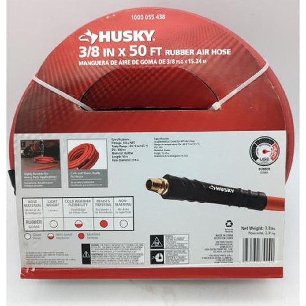 Husky 3/8 in. X 50 Ft. Rubber Air Hose - Heavy Duty - Red - 1/4" Fittings