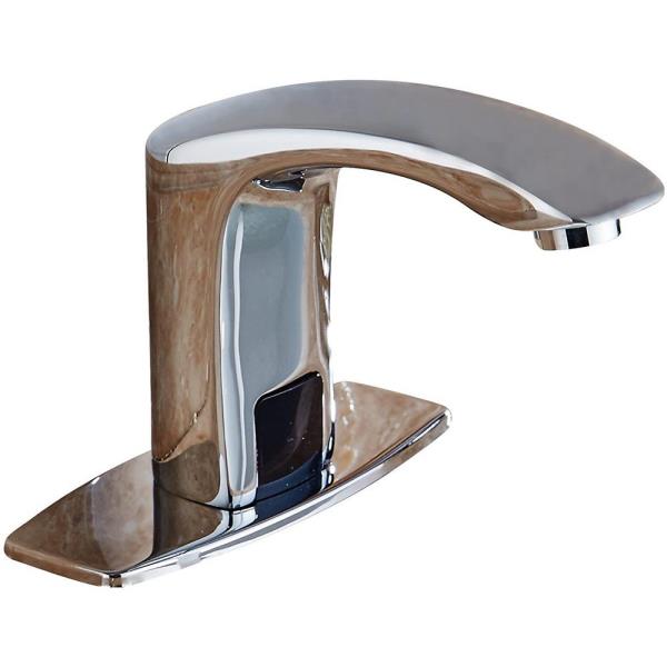 BWE Polished Chrome Touchless Bathroom Faucet Automatic Sensor with Hole Cover Plate Hands Free Bathroom Sink Water Tap with Control Box and Temperatu