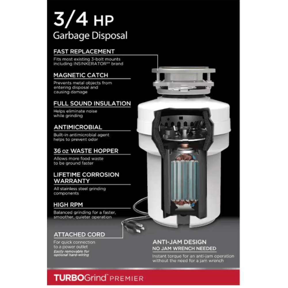 TurboGrind Premier 3/4 hp. Continuous Feed Garbage Disposal with Power Cord