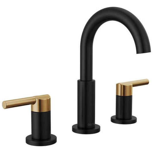 Nicoli J-Spout 8 in. Widespread Double-Handle Bathroom Faucet in Matte Black/Champagne Bronze