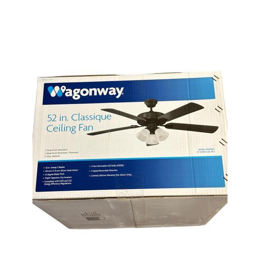 Wagonway 52 in. Classique Ceiling Fan - Matte Black Body, Black Forest/Rosewood Blades, Alabaster Glass, LED Lighting