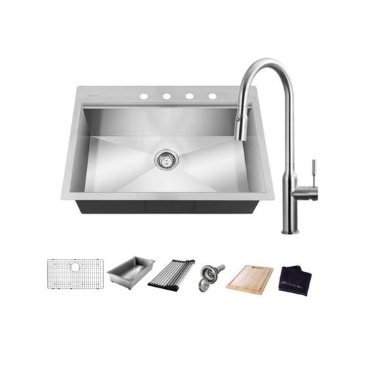 Zero Radius 30 in. Drop-in Single Bowl 18 Gauge Stainless Steel Workstation Kitchen Sink with Pull-Down Faucet