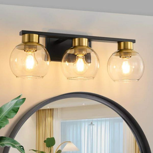 7.68 in. 3-Light Black and Gold Bathroom Vanity Light with Clear Glass Shades, Bulbs Not Included