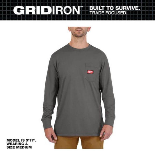 Men's Large Gray GRIDIRON Cotton/Polyester Long-Sleeve Pocket T-Shirt