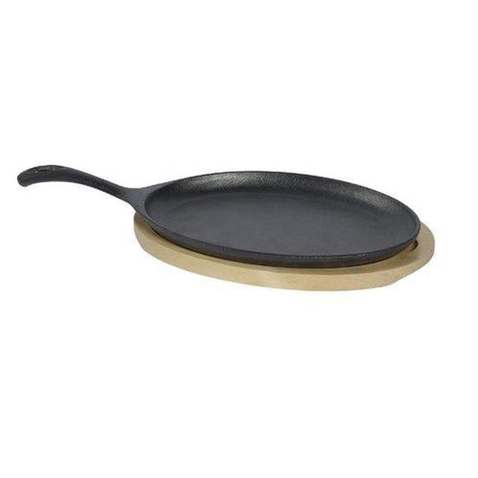 Tabletops Basic Essentials Pre Seasoned Cast Iron Cookware  2 Piece 9.5  Oval Fajita Set (Wood Trivet)