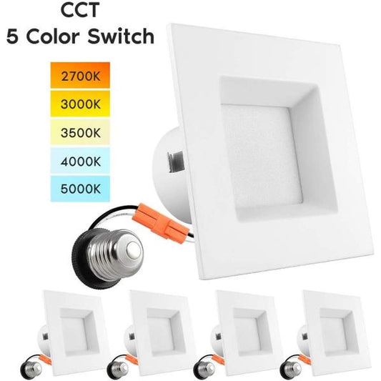 4 Inch Recessed LED Can Lights Selectable CCT 2700K/3000K/3500K/4000K/5000K Square Trim Dimmable 750lm Wet Rated 4 Pack