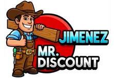 Jimenez Mr. Discount logo featuring a cartoon cowboy holding a wooden board with the store name