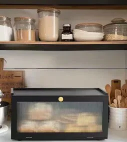 New  Wudkey 1-Piece Stackable Bamboo Bread Box Set, Large Capacity Bread Storage Container Farmhouse Bread Box with Window, Black