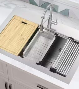 Glacier Bay Dolancourt Tight Radius 33 in. Drop-In Single Bowl 18G Stainless Steel Workstation Kitchen Sink with Spring Neck Faucet