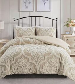 Madison Park Aeriela 3-Piece Taupe Full/Queen Tufted Cotton Chenille Damask Comforter Set