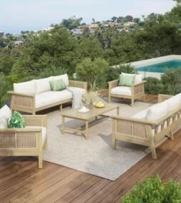 CHRISTOPHER KNIGHT HOME Renee 5-Piece Solid Wood and PE Wicker Outdoor Patio Conversation Set with Cream Cushions, Light Teak