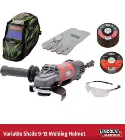 Lincoln Electric 11 Amp Angle Grinder Helmet Kit with 10 Cut-off Wheels, 10 Flap Discs, Safety Glasses and Welding Gloves