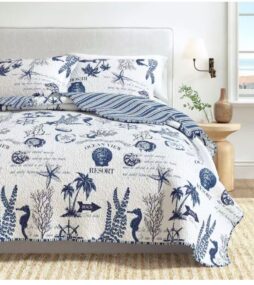 Blue Nautical Coastal Themed Twin Microrfiber 2-Piece Quilt Set Bedspread