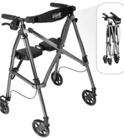 Stander Space Saver Rollator, Lightweight 4-Wheel Folding Walker with Seat and Brakes in Black Walnut