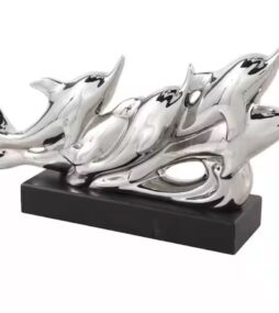 Litton Lane 3 in. x 9 in. Silver Ceramic Dolphin Sculpture with Black Block Base