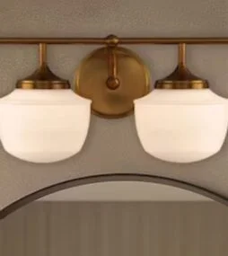 Minka Lavery Cornwell 32 in. 4-Light Aged Brass Vanity Light with Etched Opal Glass Shades
