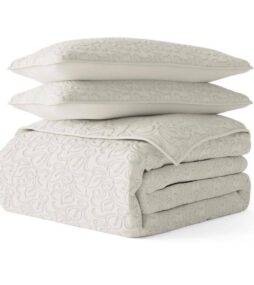 Becky Cameron All Season 3-Piece Natural Floral Stitch Microfiber Quilt Set, King/CalKing