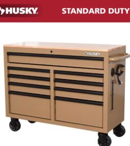 Husky Standard Duty 46 in. W x 18 in. D 9-Drawer Gloss Tan Mobile Workbench Cabinet with Solid Wood Top
